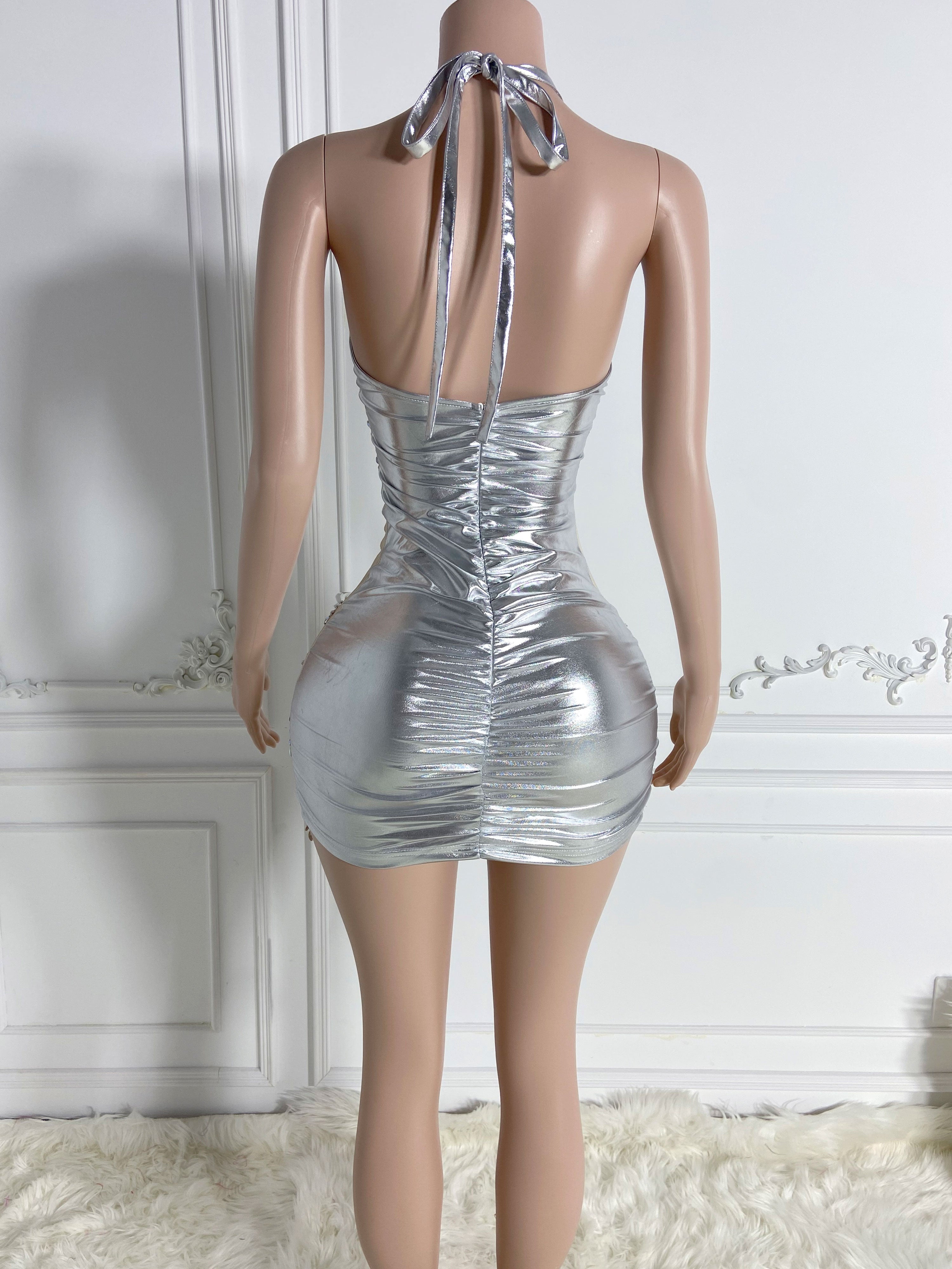 Silver V-Neck Mini Dress
