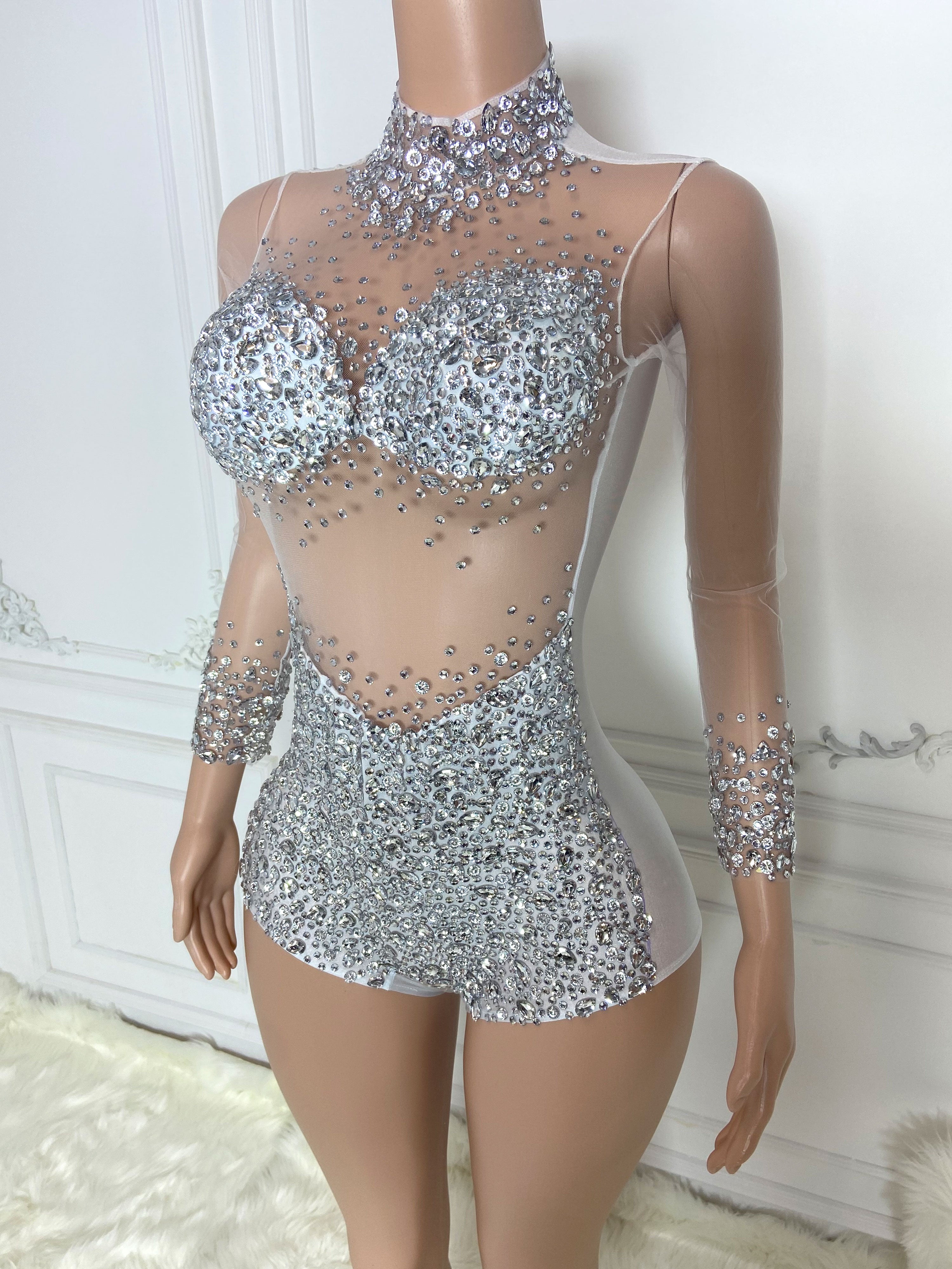 Silver Diamond Cut Sequin Bodysuit with Mesh Insert