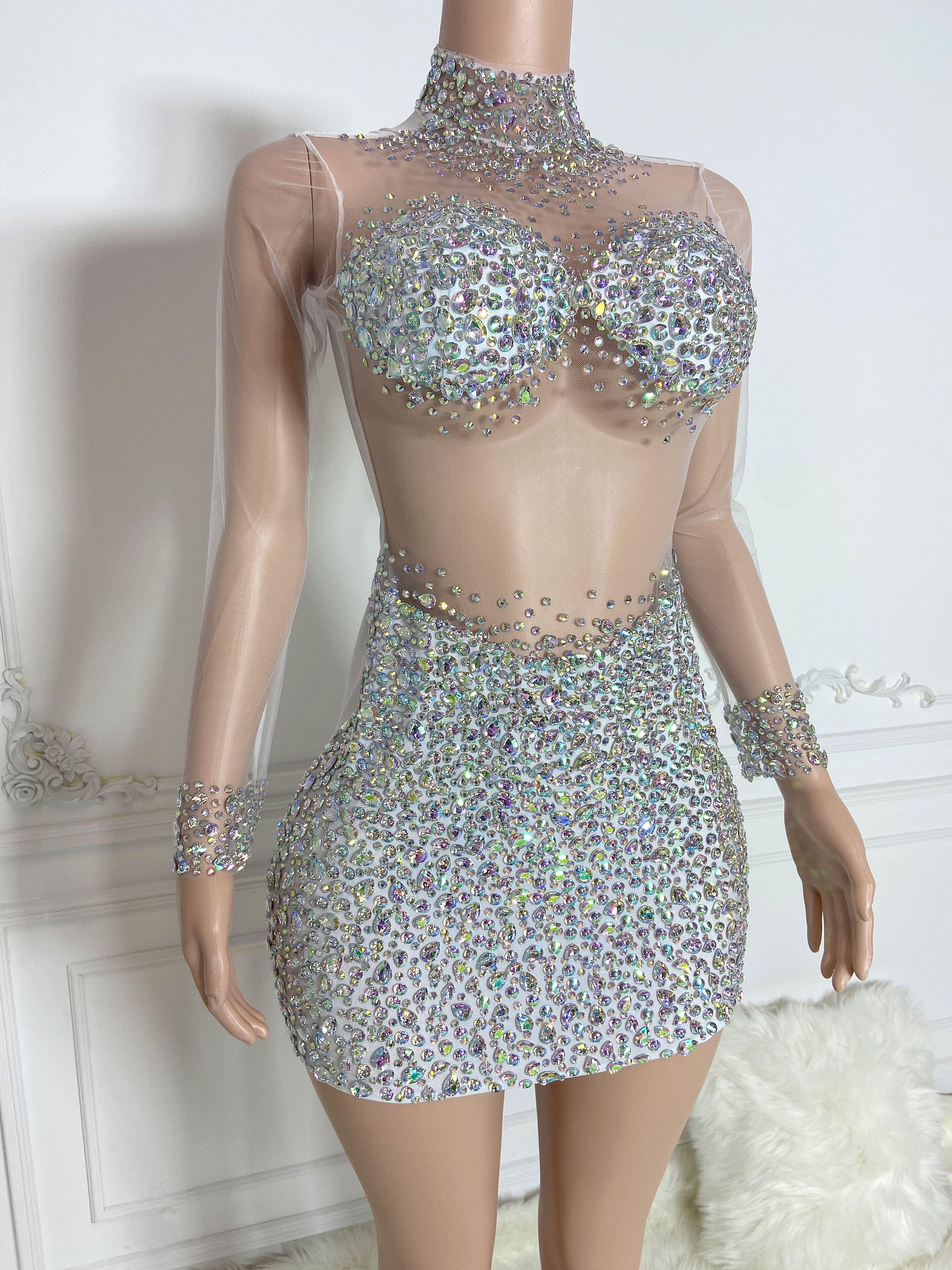 Glisten Full Silver Rhinestones Bra Mini Dress – Fashionatix